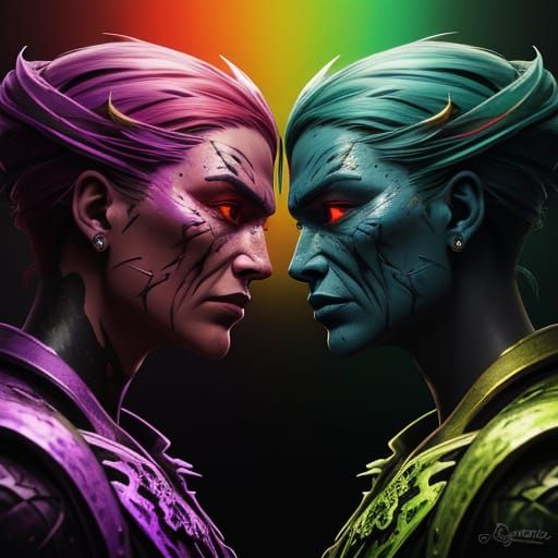 Opposing Figures in Vibrant Splash Art Style