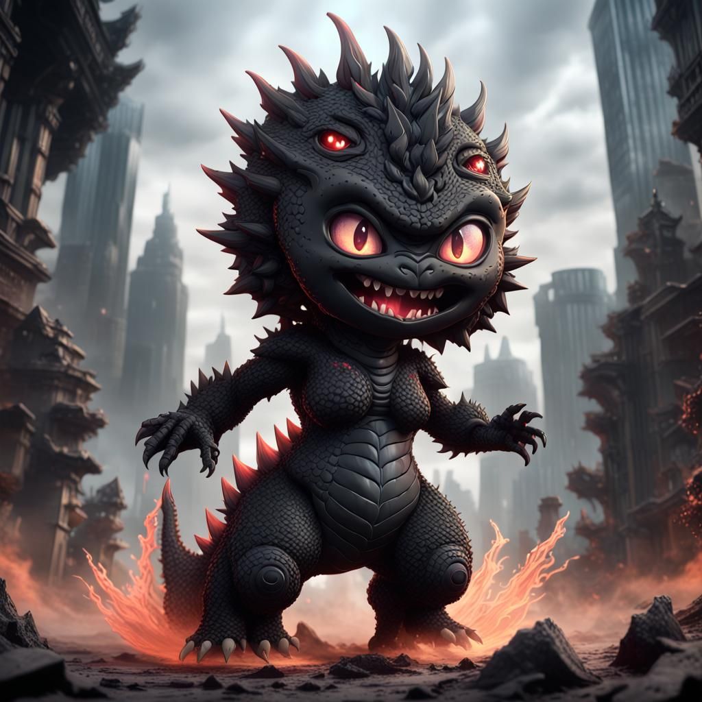 Chibi Demonic Female Black Godzilla in Detailed Matte Style