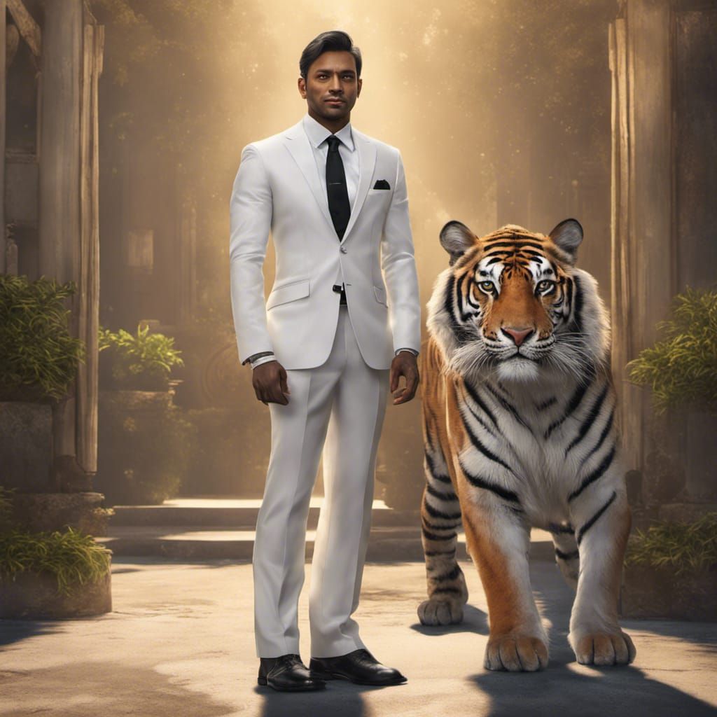 Raj Kumar, 35 year old, standing in white suit with black tie, next to a handsome Bengal tiger "#film 4K 64 megapixels 8...
