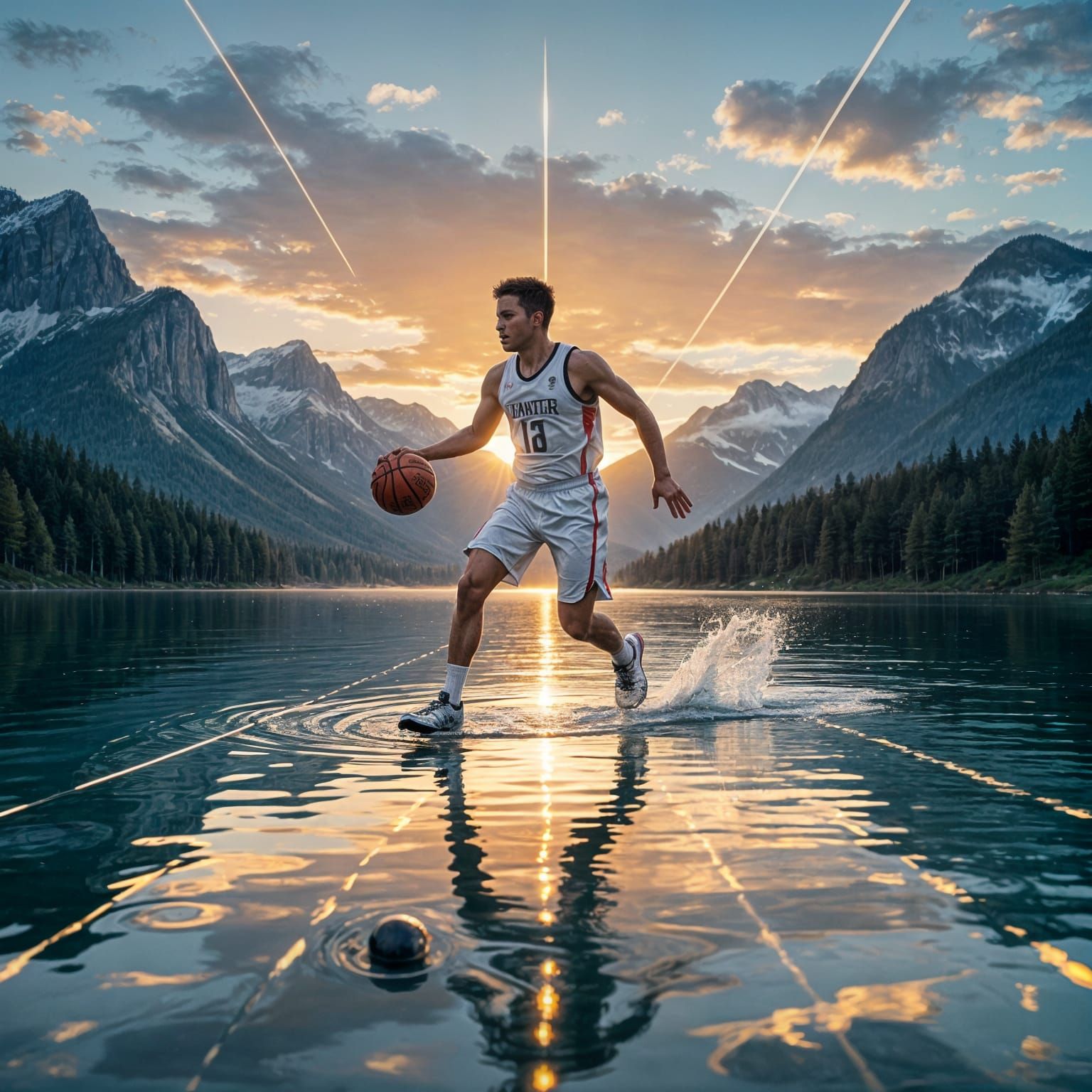 Floating Basketball Court on Mirror Lake at Sunset
