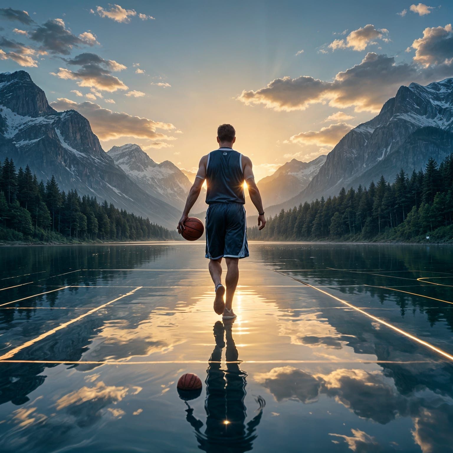 Floating Basketball Court on Mirror Lake at Sunset