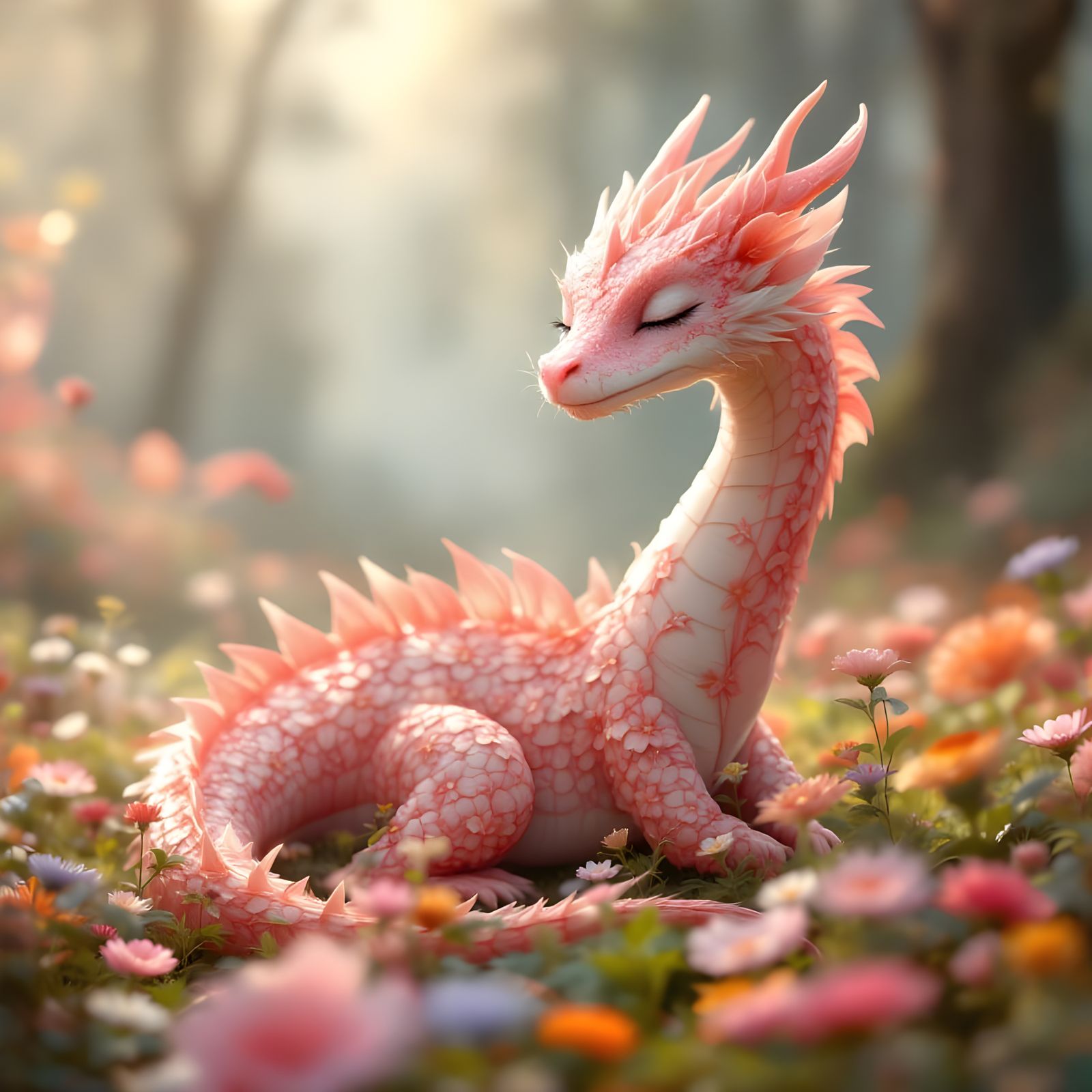 Surreal Pink Floral Dragon in a Whimsical Forest Meadow