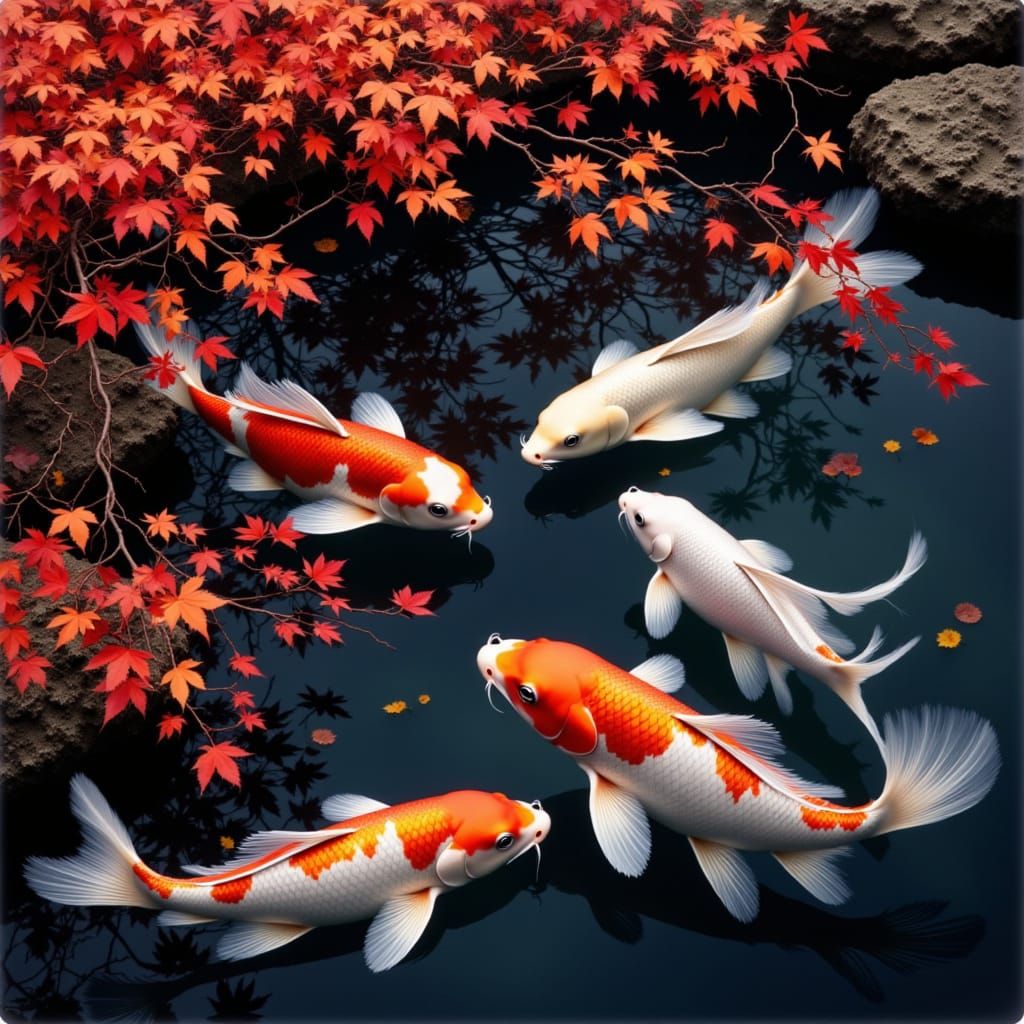 Koi Fish in Serene Japanese Maple Pond