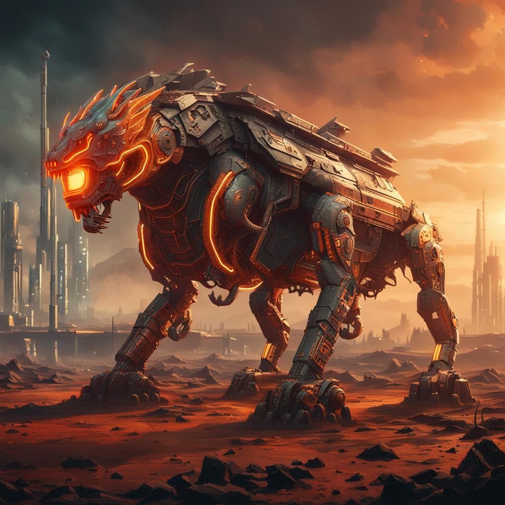 Cyberpunk Chimera Mech Art in Post-Apocalyptic Landscape
