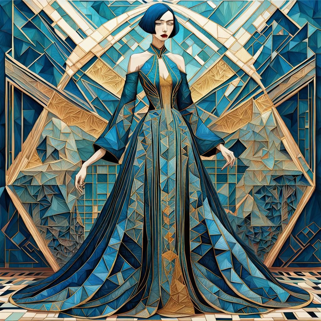 Embroidered Dress with Cubist Geometric Design