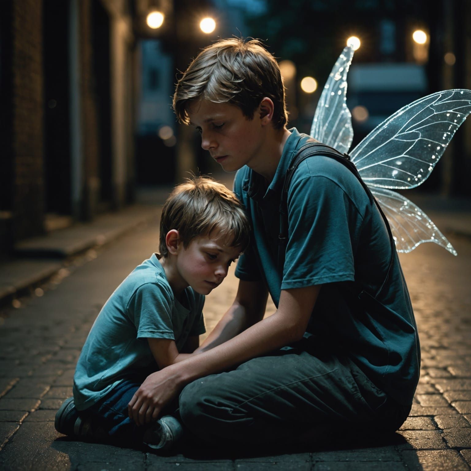 Ethereal Fairy Comforts Sad Boy in Gloomy Street