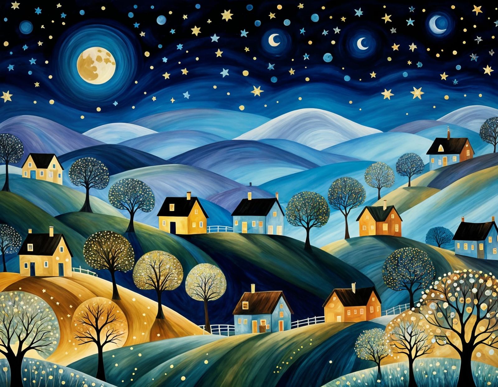 Moonlit Hills Dreamscape in Klimt Style