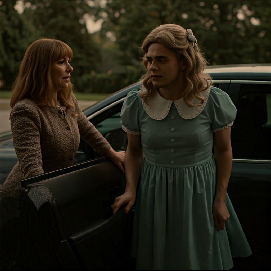 Crossdressing Man Greets Woman Opening Car Door