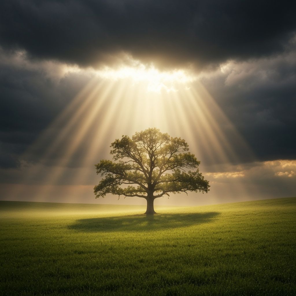 Resilient Oak Tree Bathed in Golden Sunlight After Storm