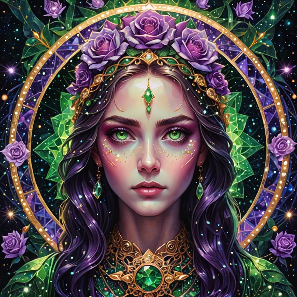 Cosmic Green-Eyed Figure with Rose Halo