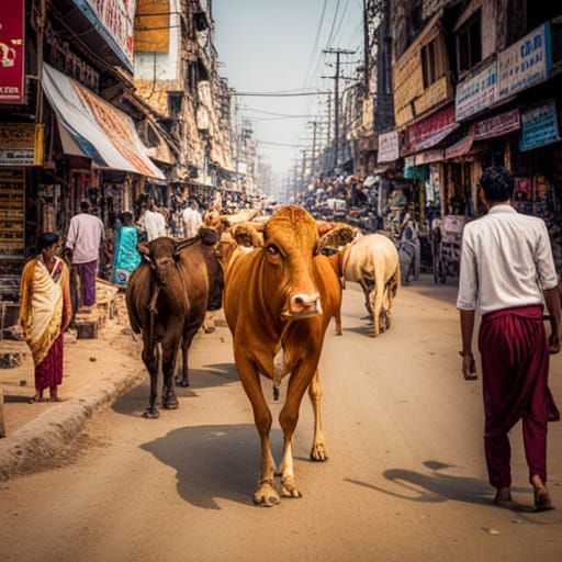 Cows Relaxing on Busy Street in India