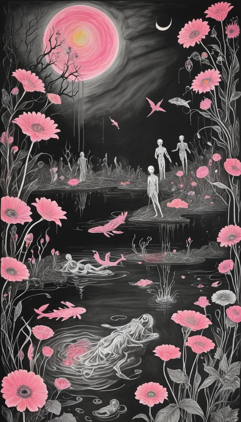 Kids Crayon drawing of the underworld  ,surreal (child's dra...