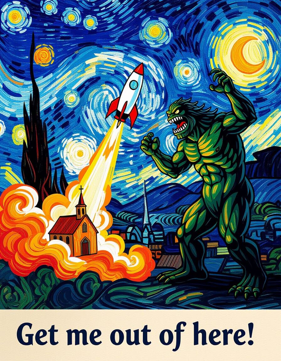 Van Gogh Parody: Rocket Ship Escapes Moon Monster