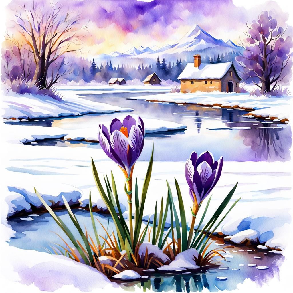 Crocus Emerging from Snow, Watercolor Sketch