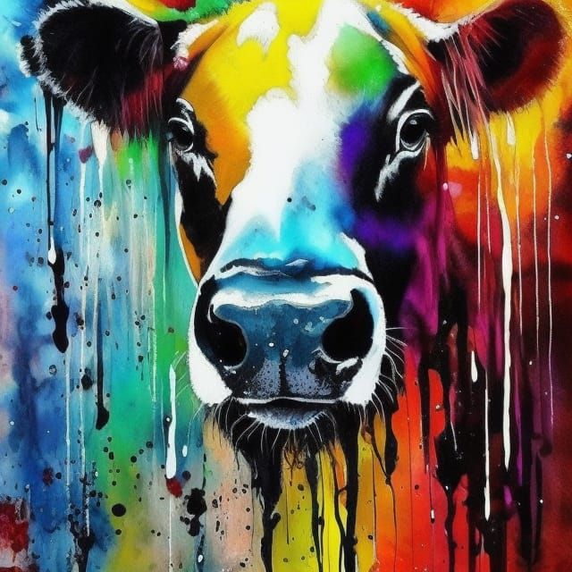 Cow in Field with Colourful Ink Splashes