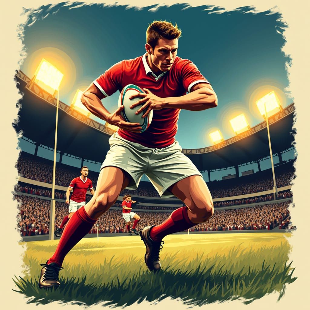 Rugby Player Tackling Mid-Action in Bold Graphic Style