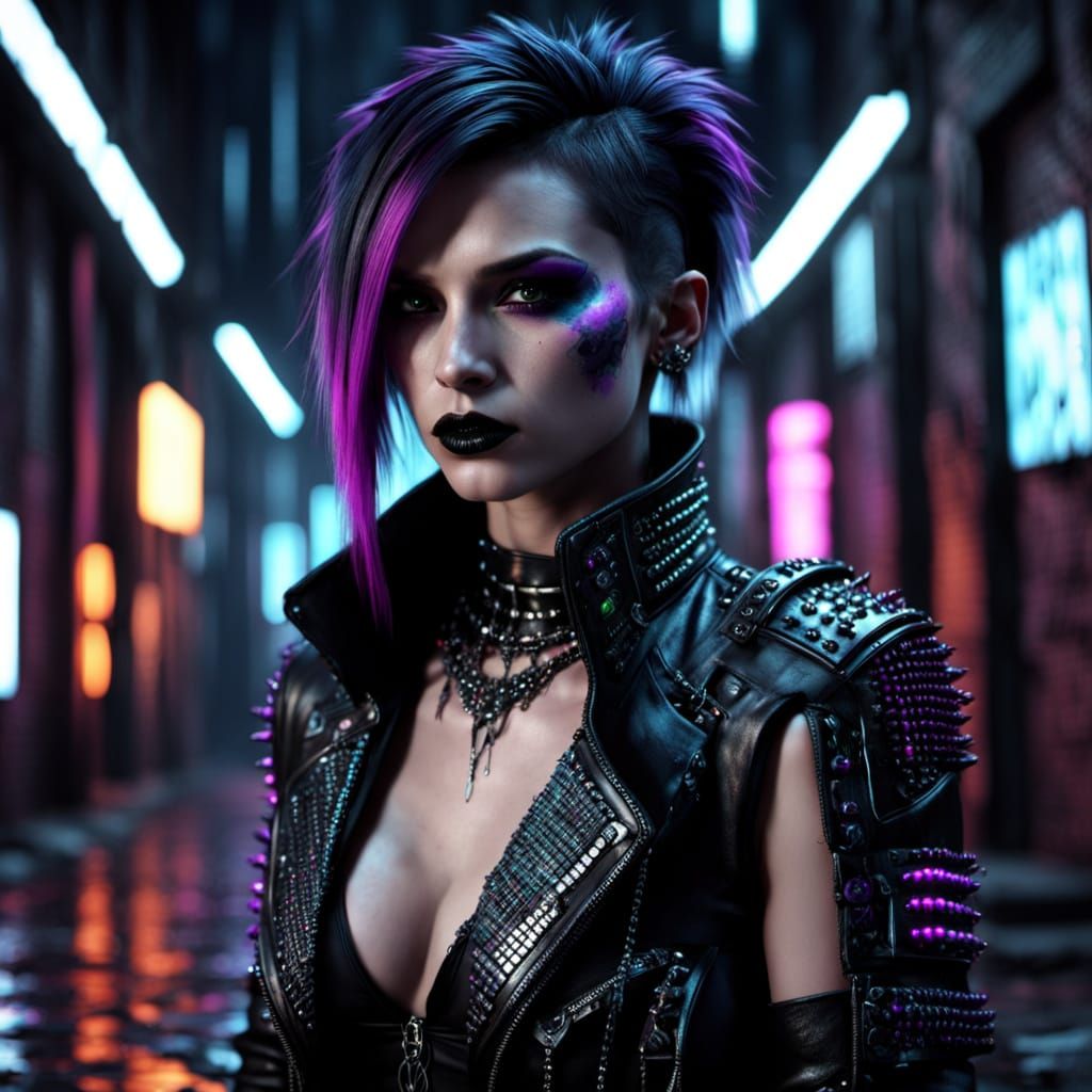 Cyberpunk Goth Woman in Dim Alley: Digital Art