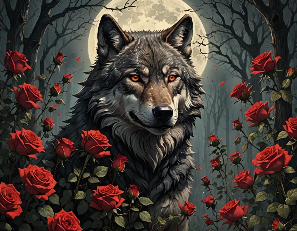 Surreal Wolf with Roses on Summer Night