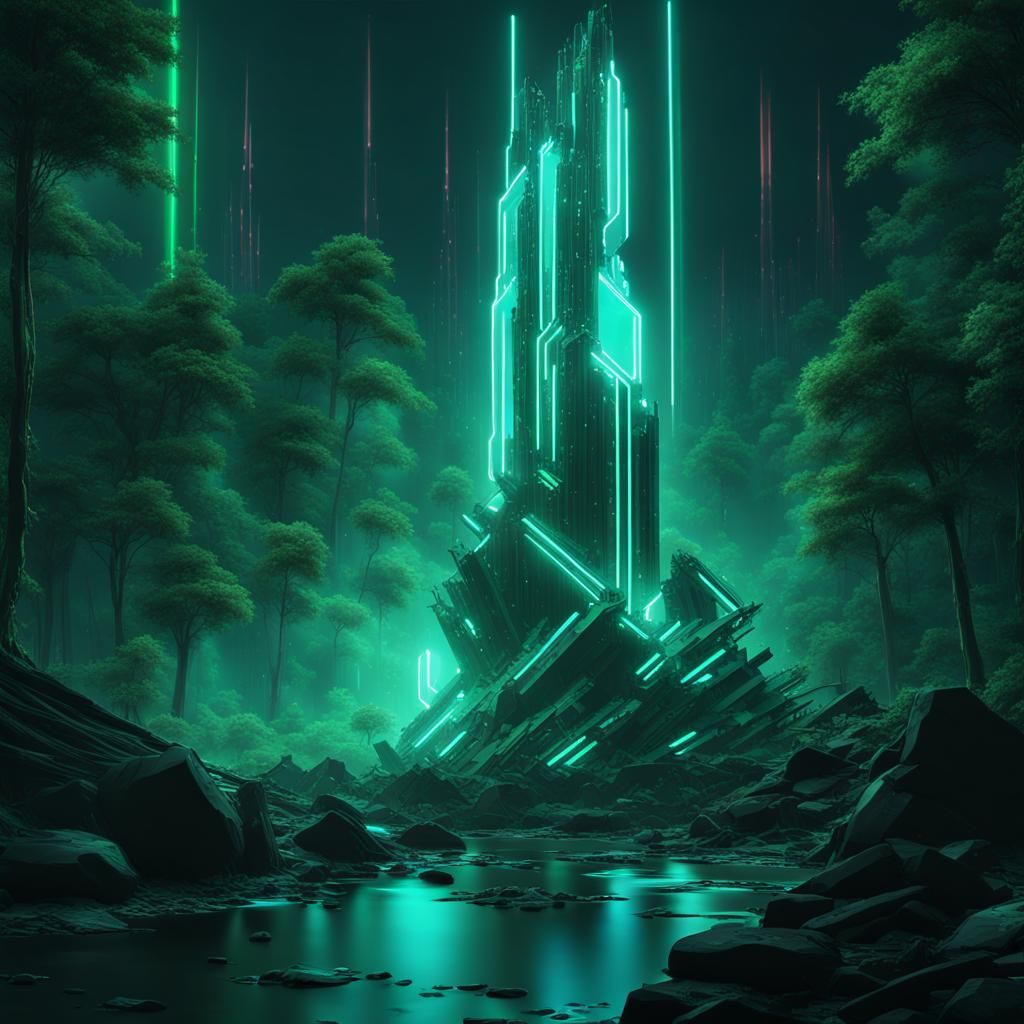 Neon Crystals and Monolith in Dark Cyberpunk Forest