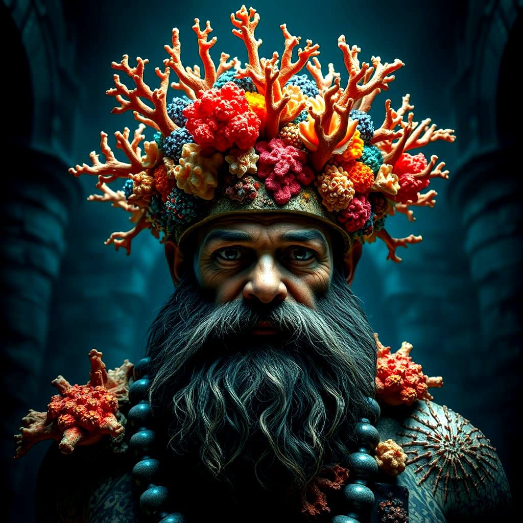 Poseidon in Coral Top Hat, Dramatic Undersea Portrait