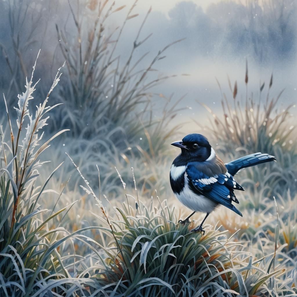 Magpie in Misty Watercolor Landscape