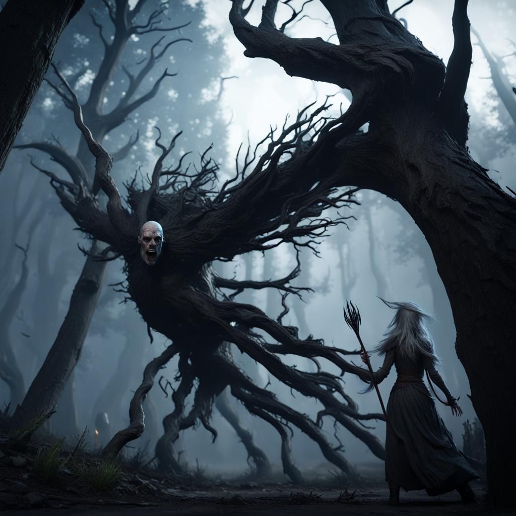 Hag Flies Through Dark Forest: 3D Game Cinematic