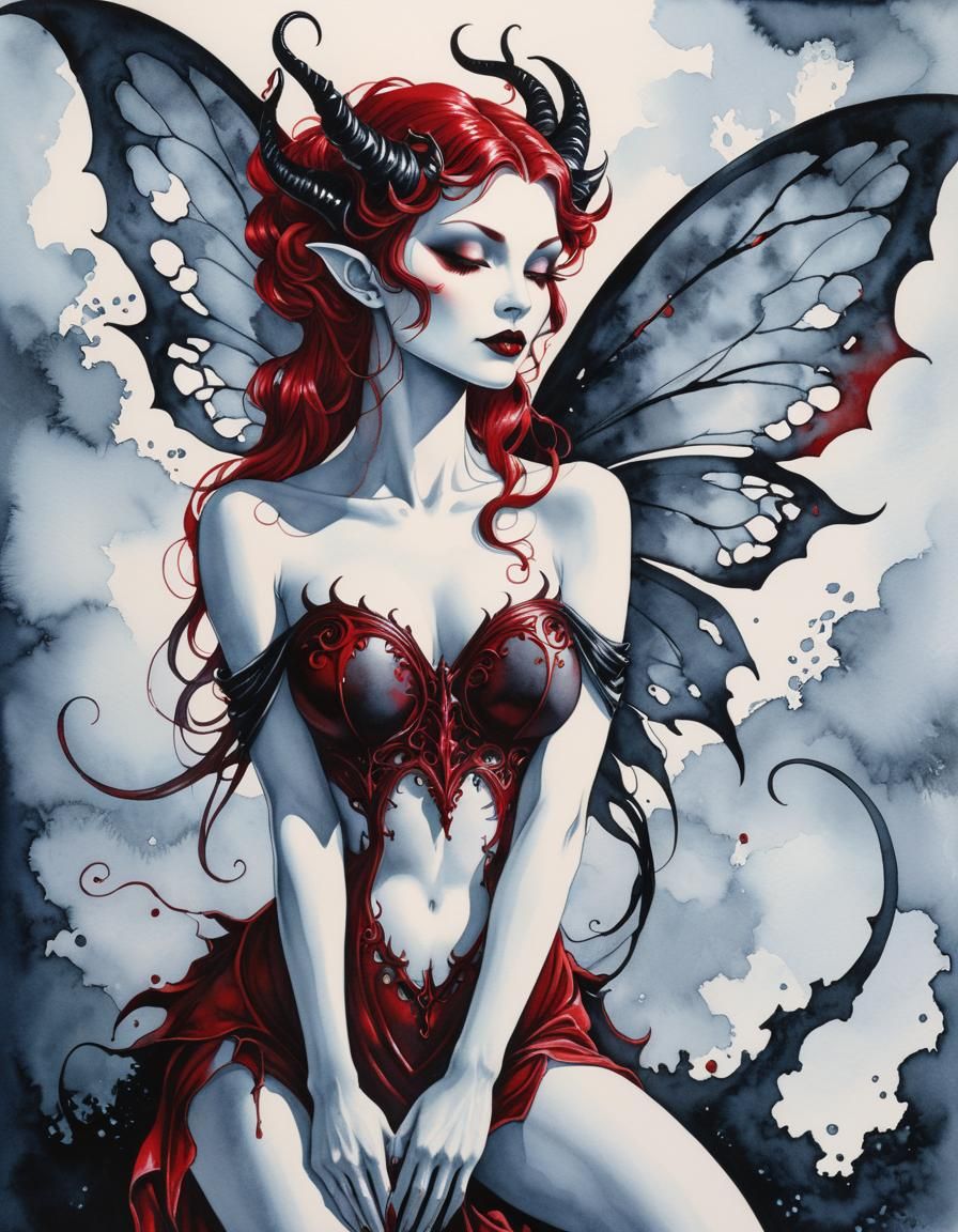 Monochromatic Red Silhouette of Horned Lilith Fairy