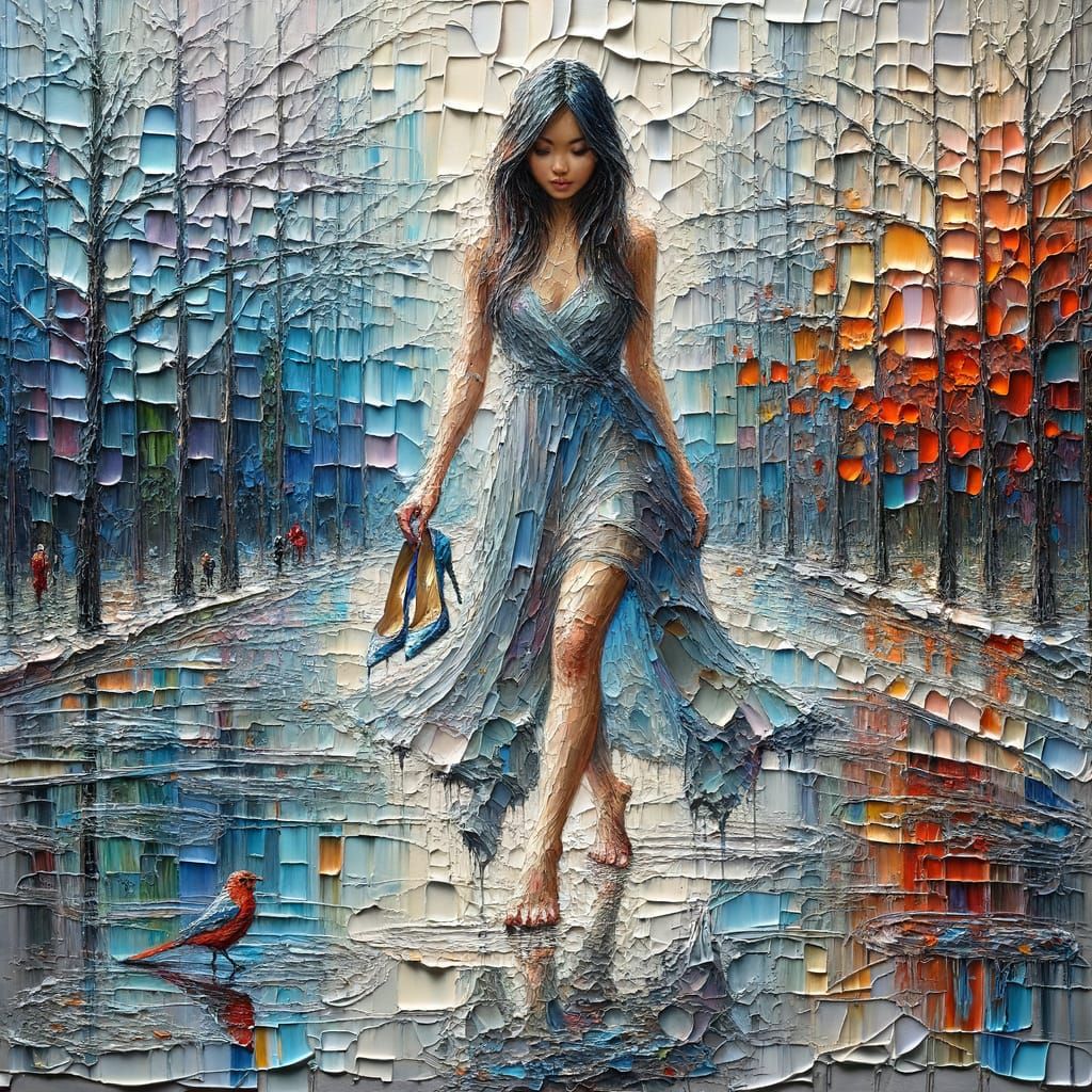 Impasto Oil Painting of Barefoot Beauty in Autumnal Street