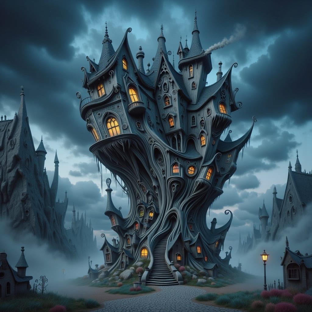 Crooked Gothic Castle in Dark Fantastical Realism