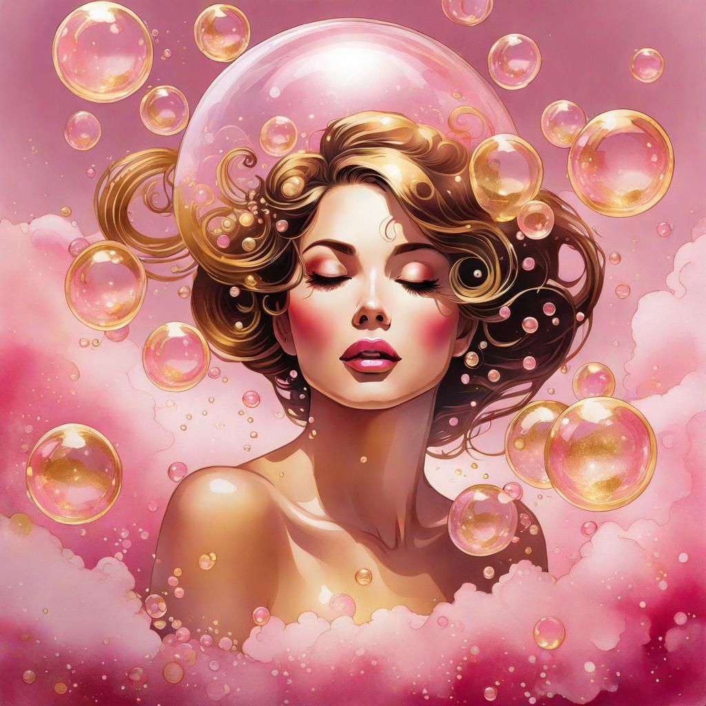 Woman Bathing in Pink and Gold Bubbles