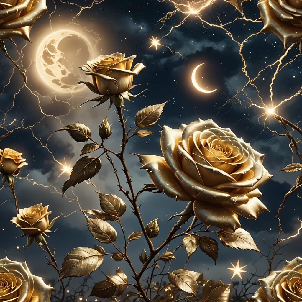 Gold Rose Under Starry Night Sky