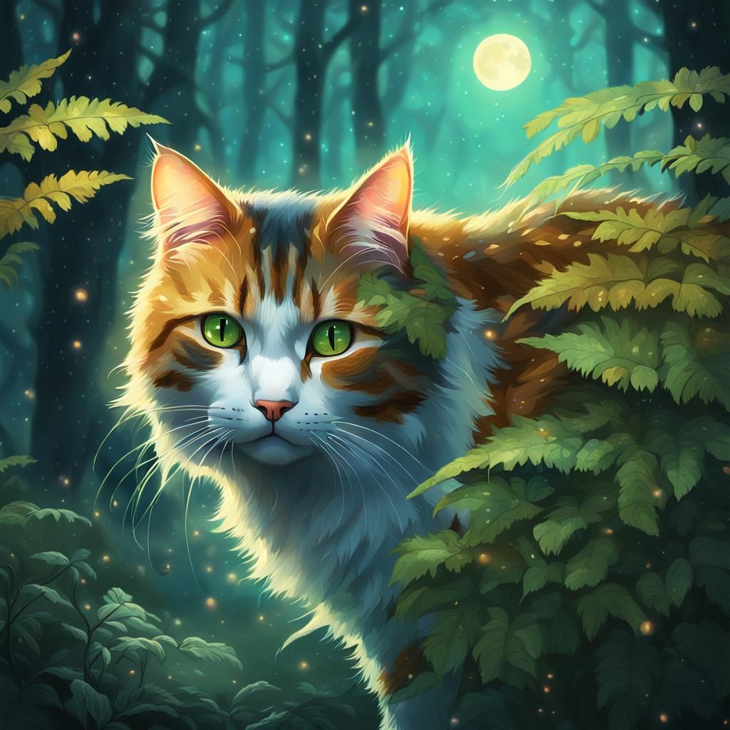 Calico Cat in Misty Moonlight Forest: Fantasy Art