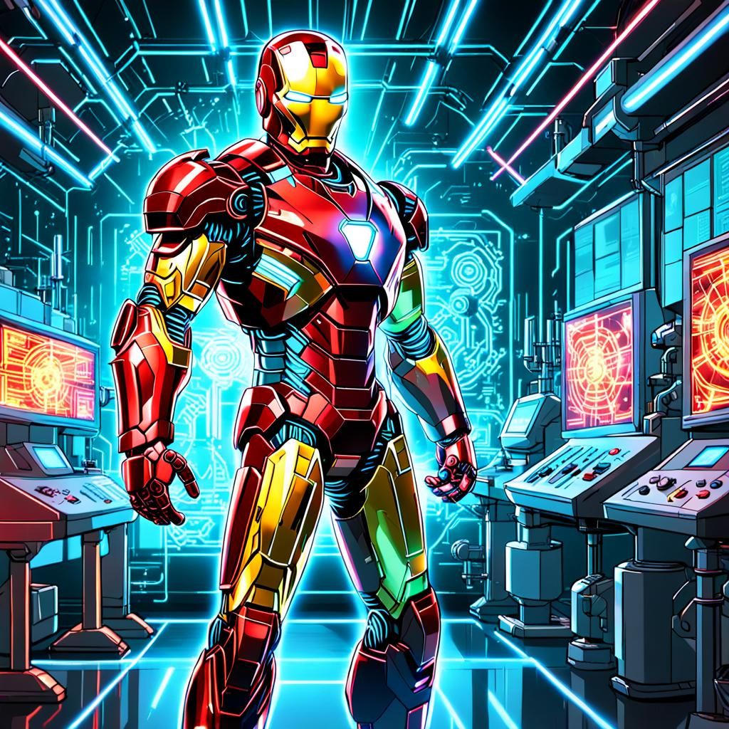 Anime Iron Man in High-Tech Laboratory