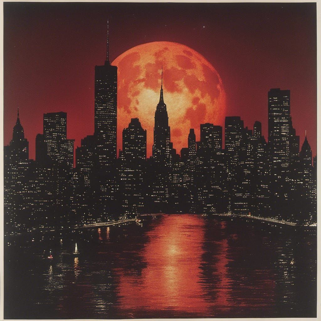 1980s New York City Skyline with Blood Moon