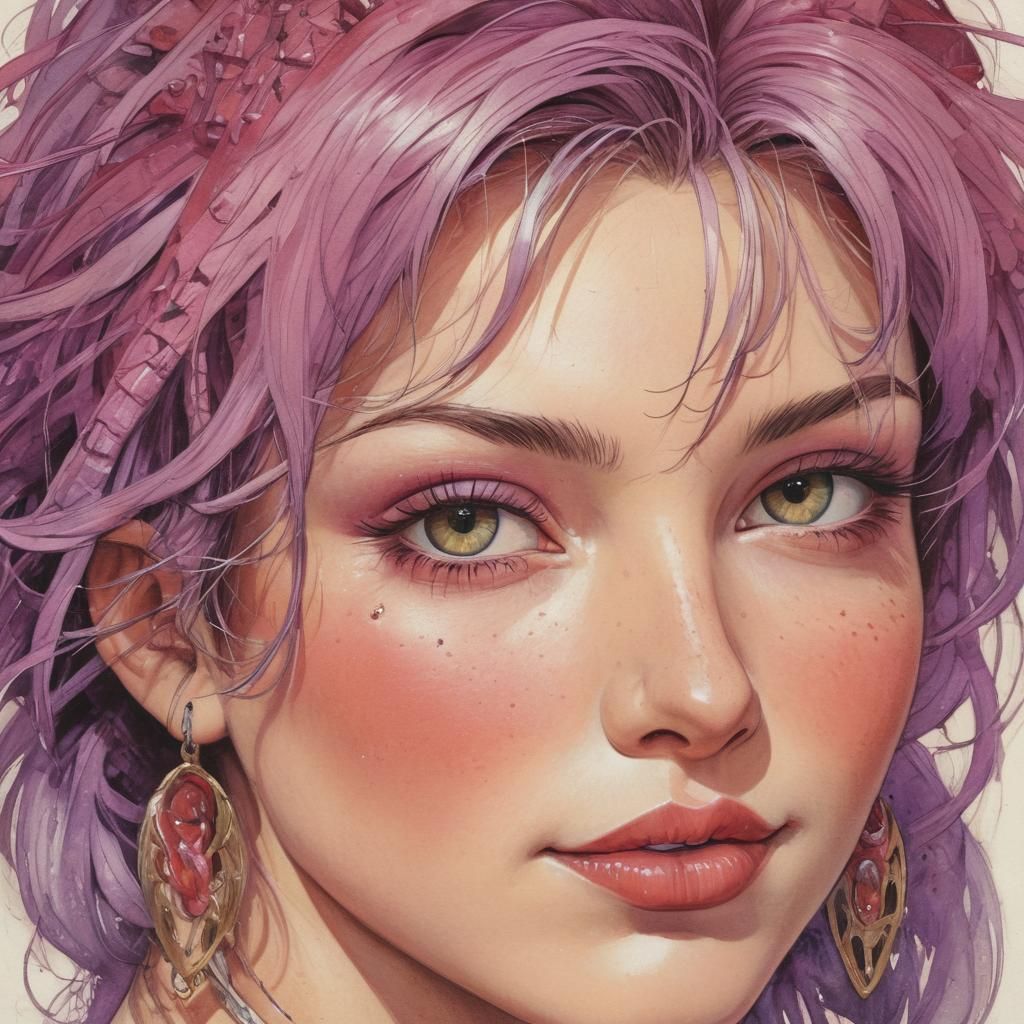 (a woman soft friendly face:1.5)  (by Milo Manara: 1.5), with dragonscales and spikes on her cheeks and hair in purple a...