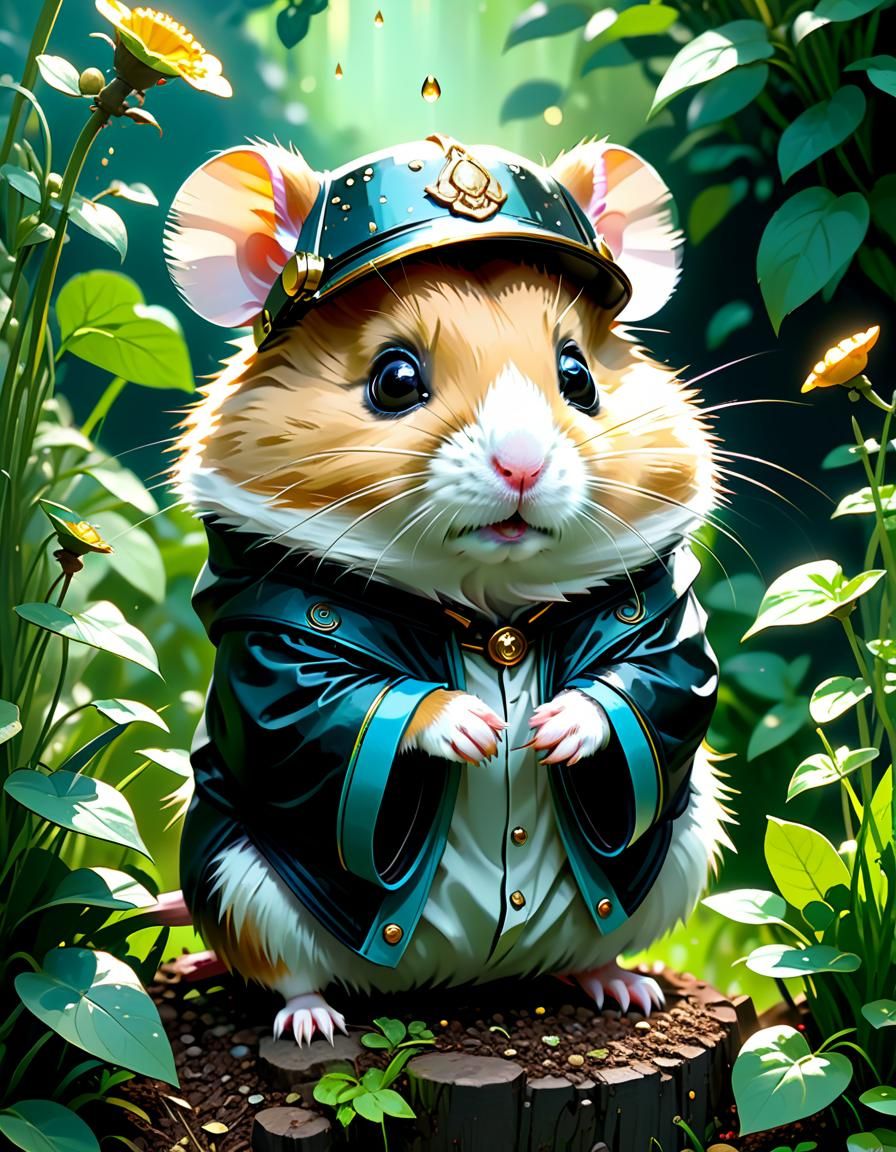 Hamster Emperor in Garden, Digital Art Illustration