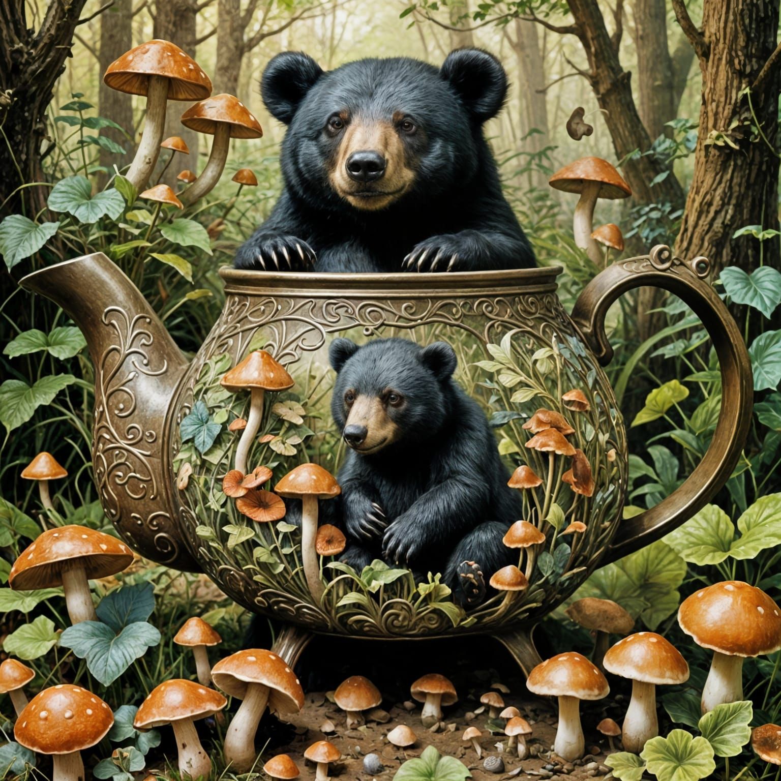 Metal Teapot with Black Bear and Mushrooms