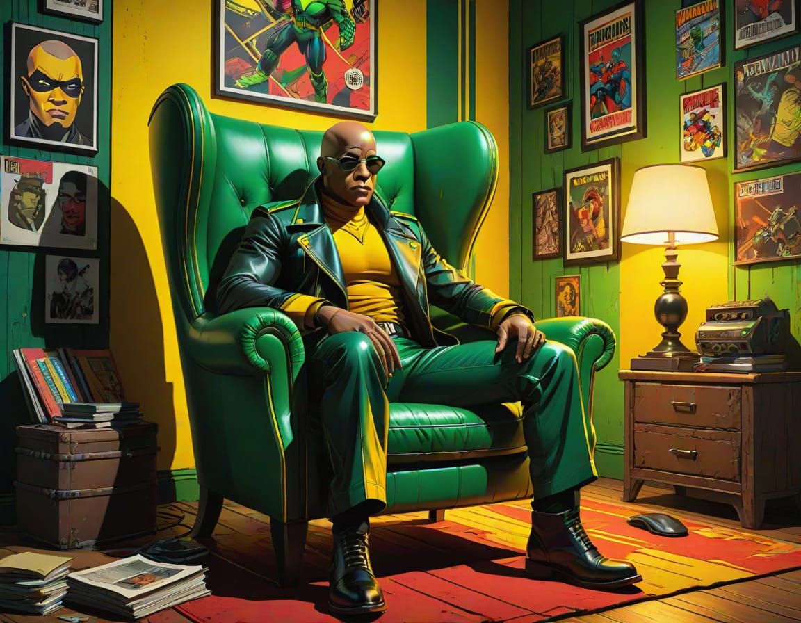 Morpheus in Exuberant Cartoon Pose, Surrounded by Vibrant, G...