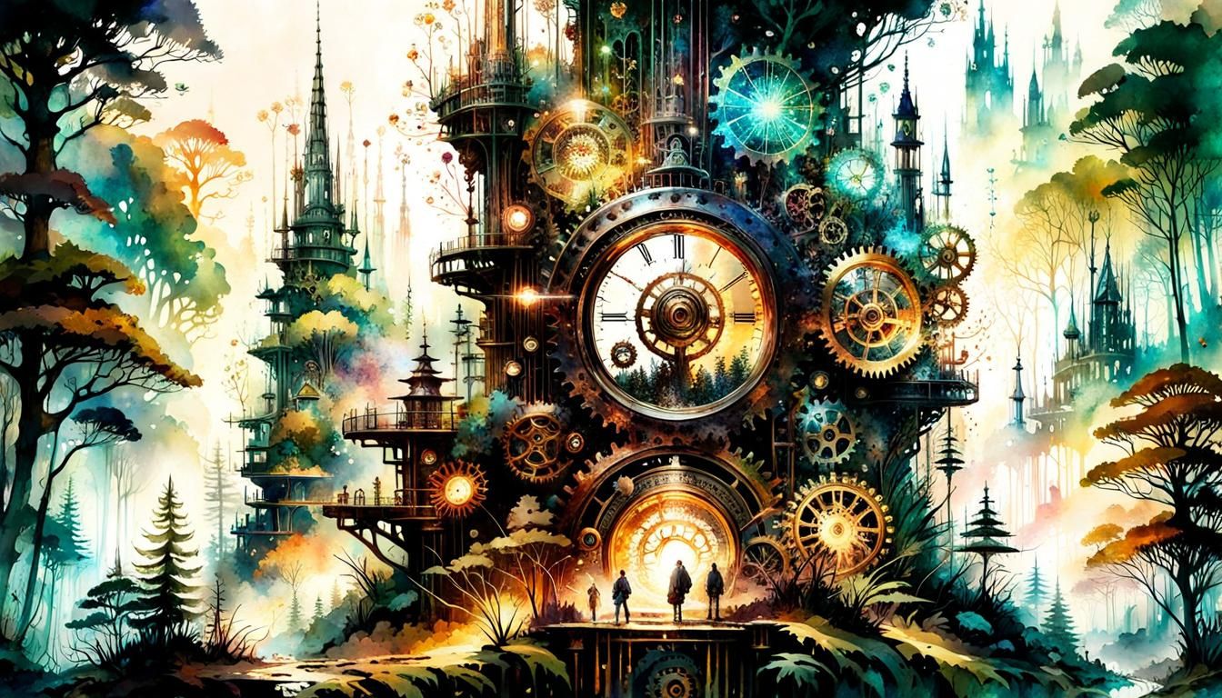 Steampunk City with Crystalline Gears in Watercolor