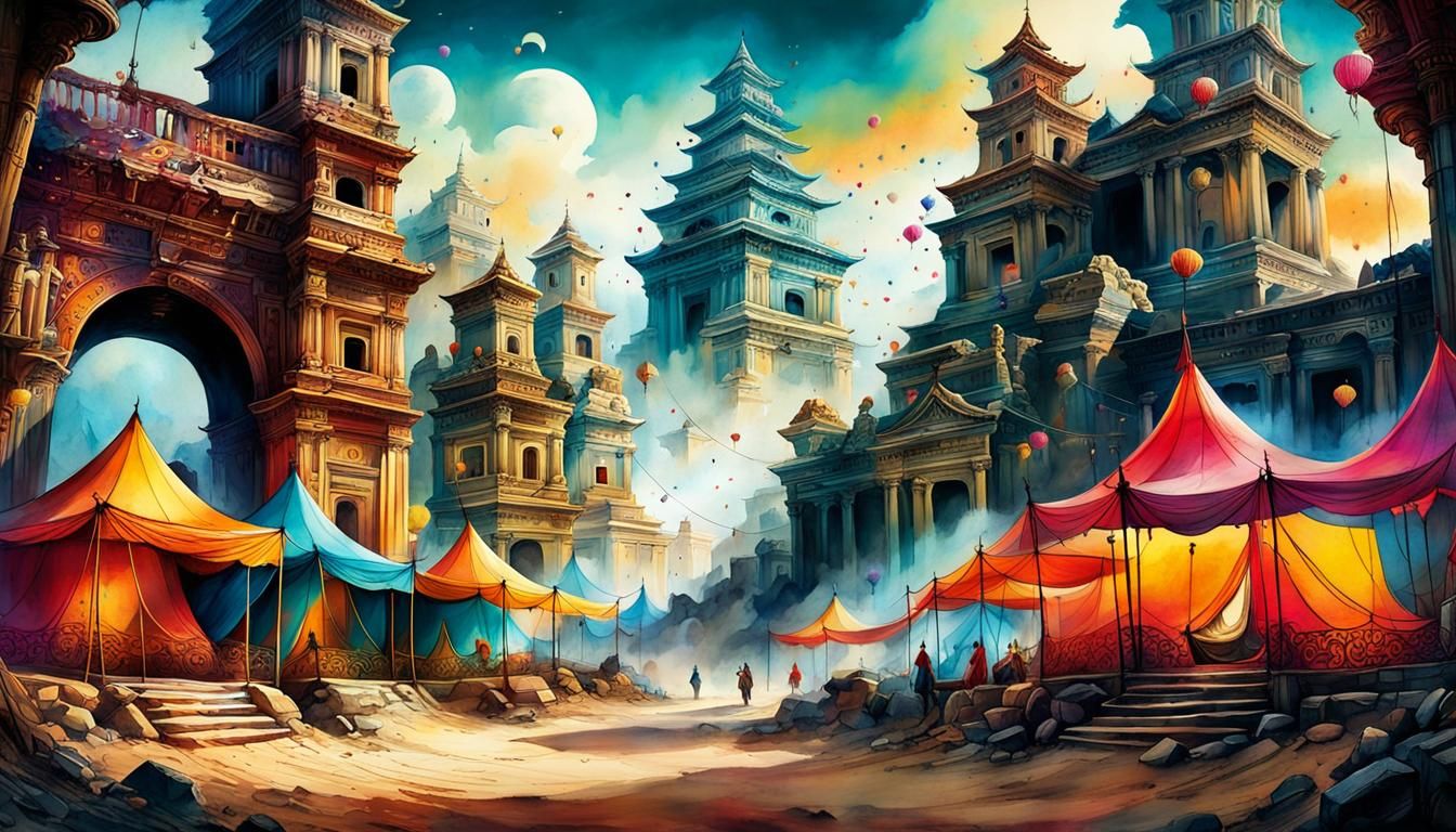 Fantasy Desert Scene in Watercolor and Ink