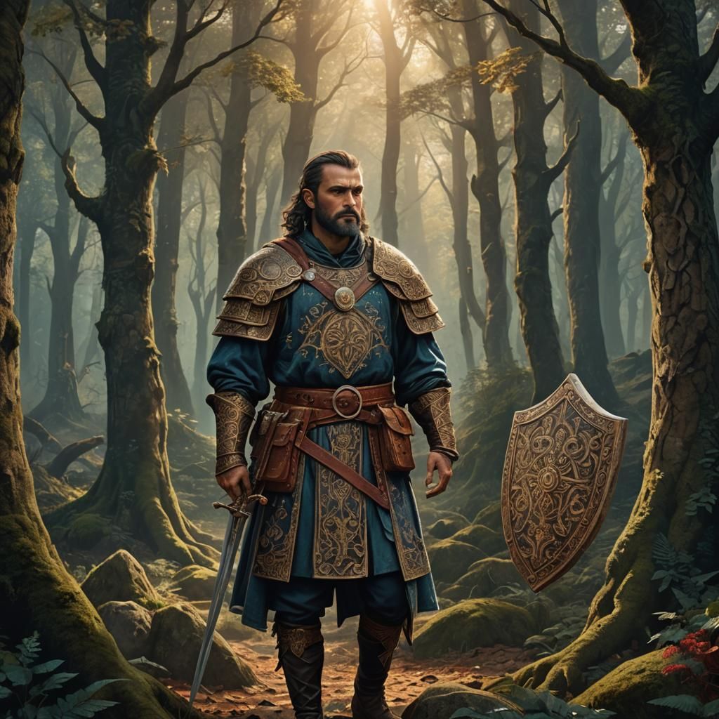 Medieval Albanian Warrior in Mystical Forest