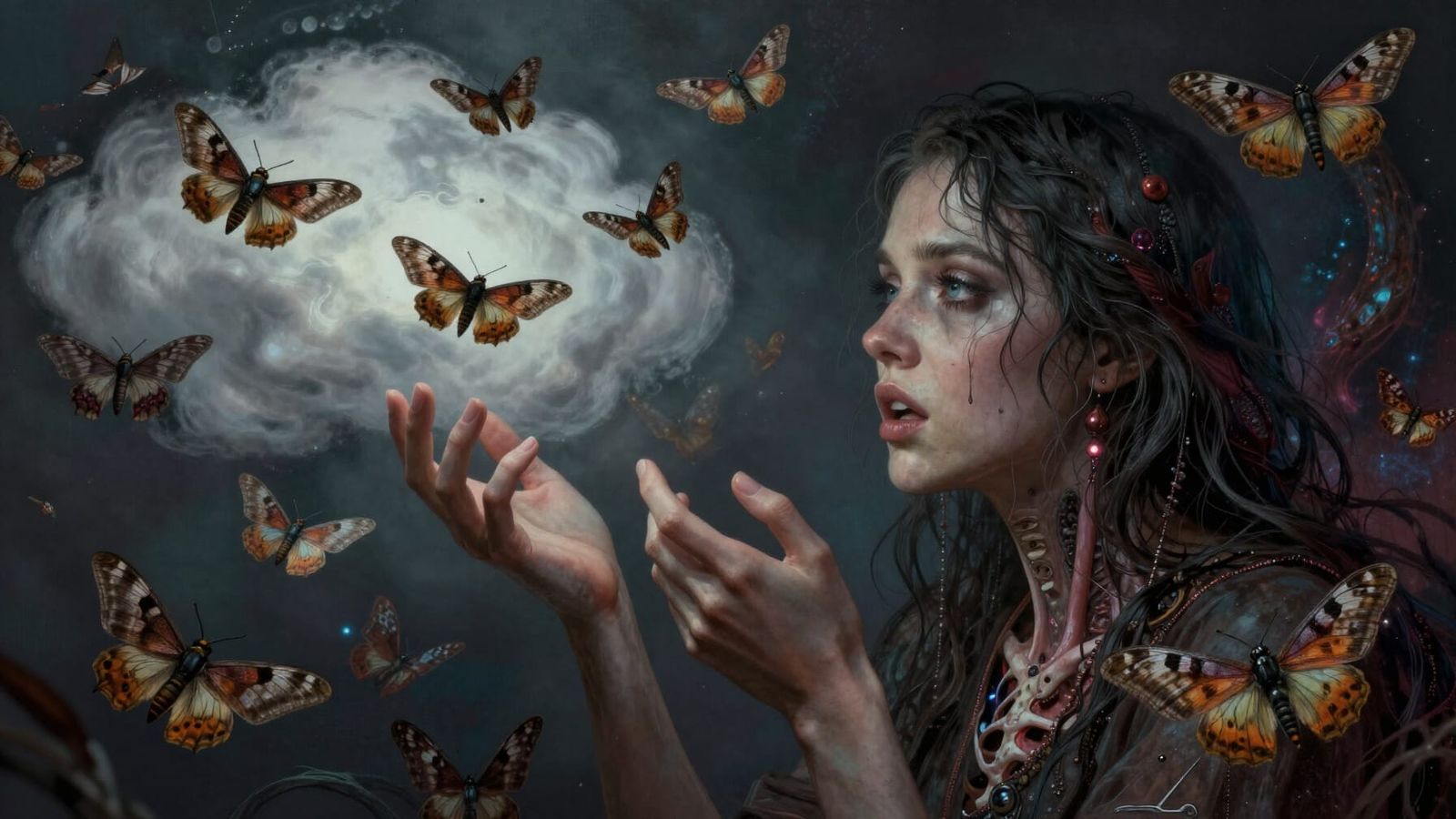 Unstable Woman Consults Moth Cloud in Cosmic Astral Art