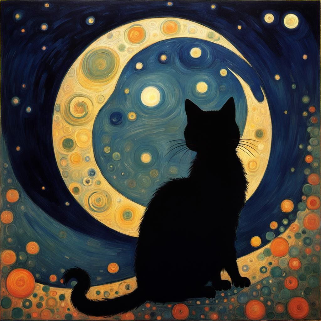 Black Cat Silhouette in Moonlight, Klimt Style