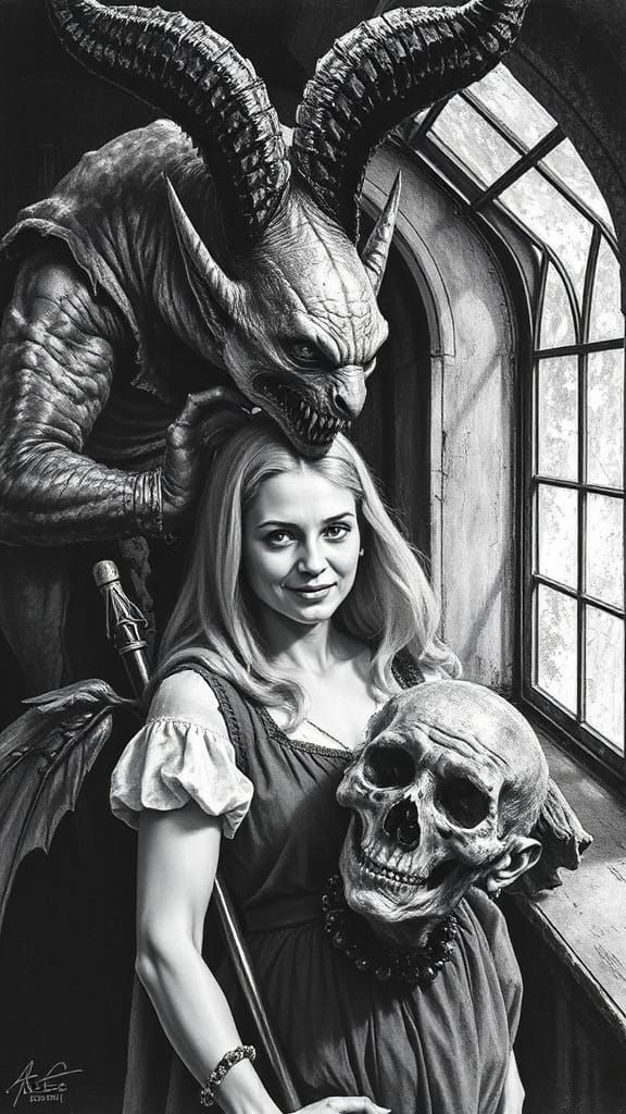 Gothic Demon Enfolding Woman: Digital Sepia Painting