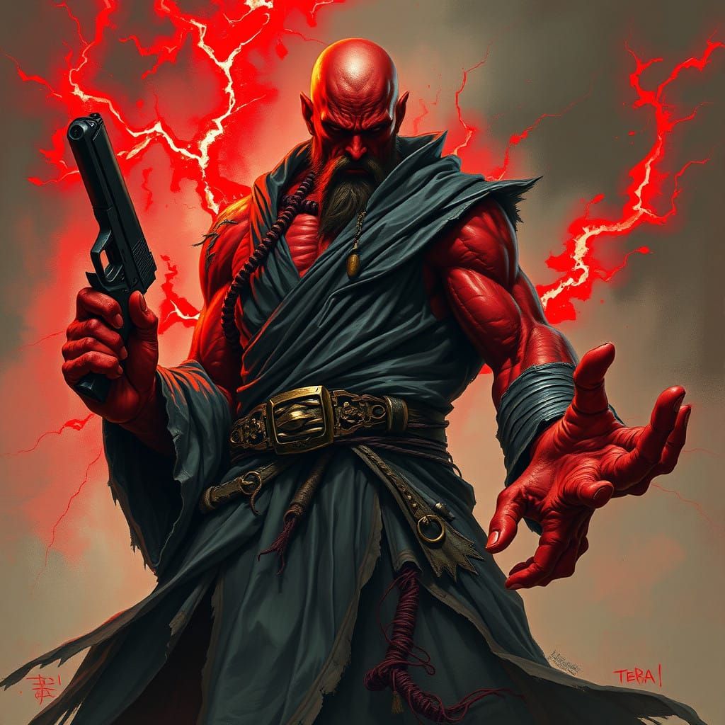 Dark Fantasy Monk Emits Red Aura Cradling Glock in Powerful...
