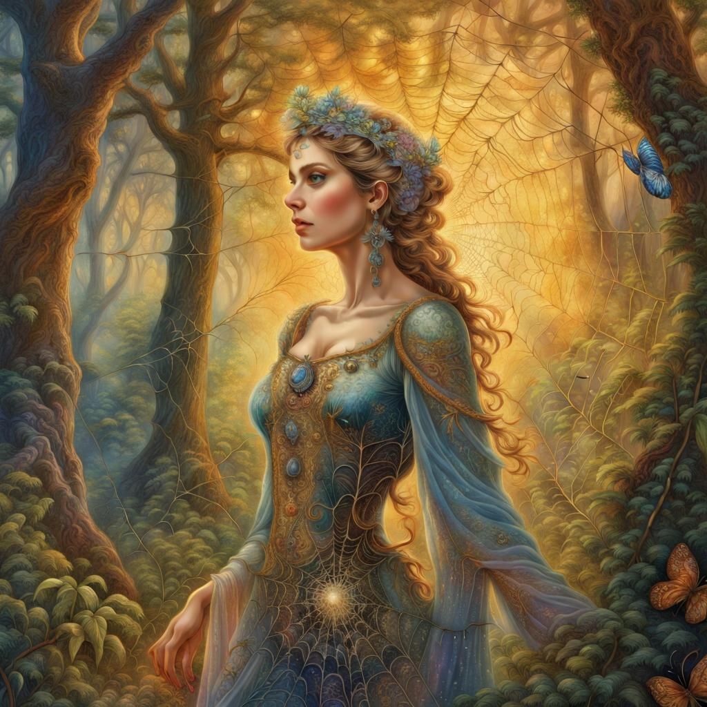 Woman in Forest with Dewy Spiderwebs, Detailed Concept Art