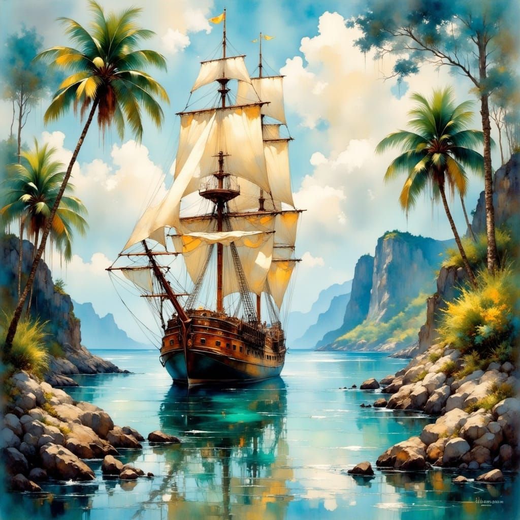 Barque Ship in Tropical Cove: Impressionist Oil