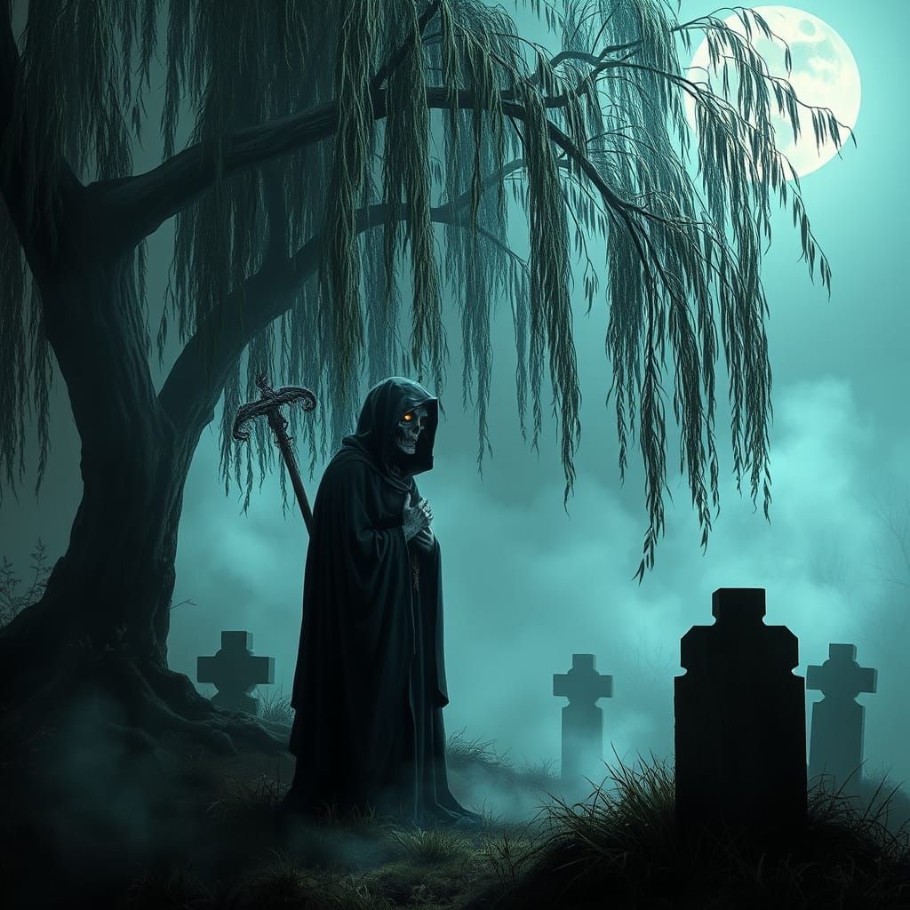 Grim Reaper Mourns at Grave in Misty Moonlight