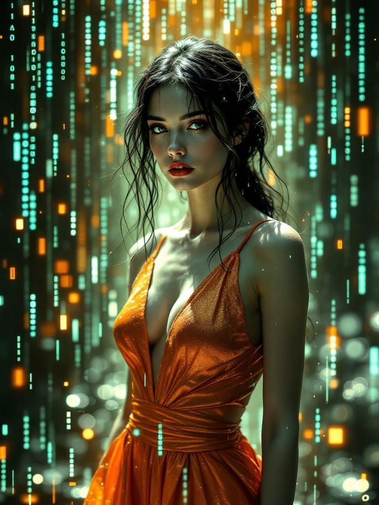 Cyberpunk Matrix Code Overlay on Pin-Up Woman