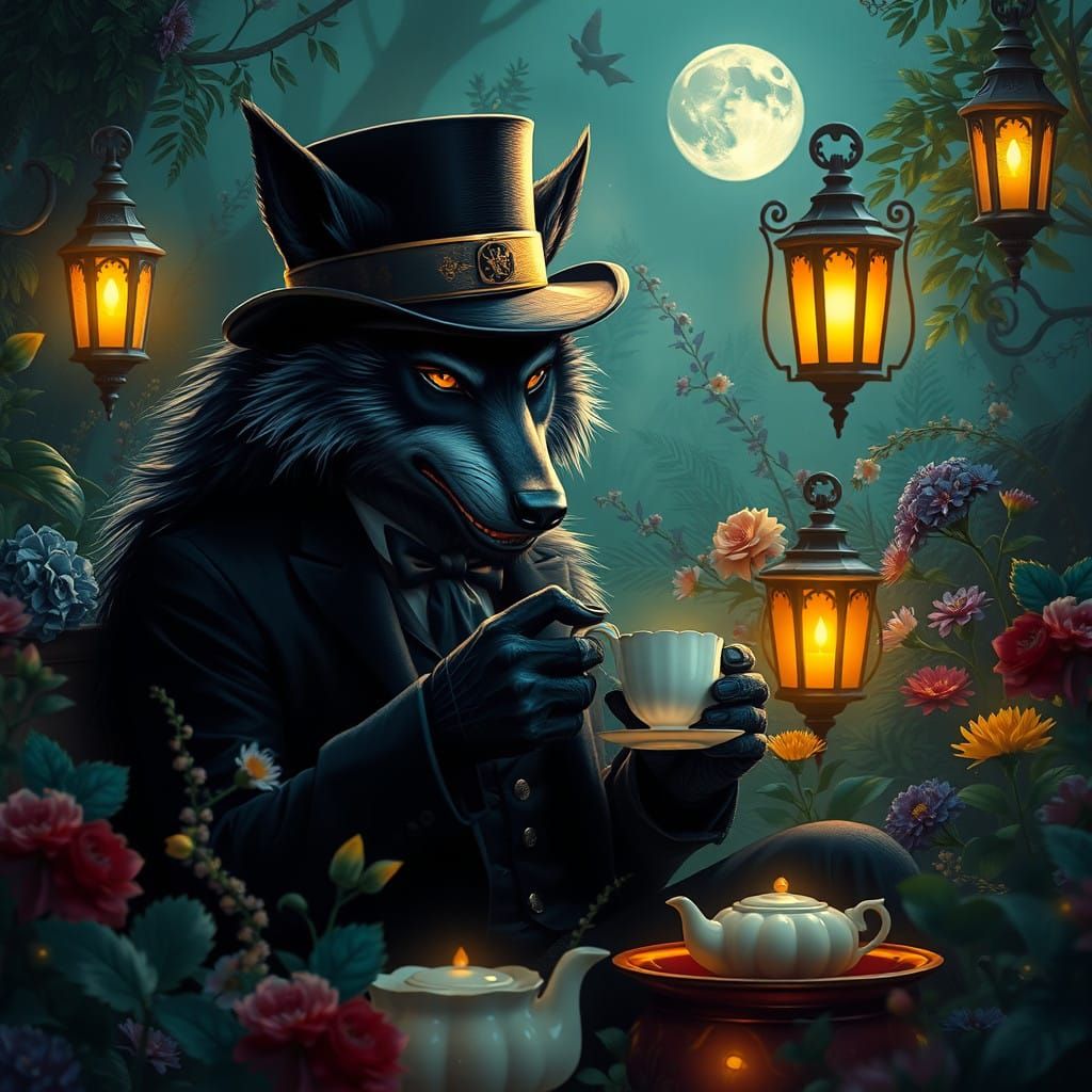 Refined Werewolf in Top Hat Sips Tea under Moonlit Garden